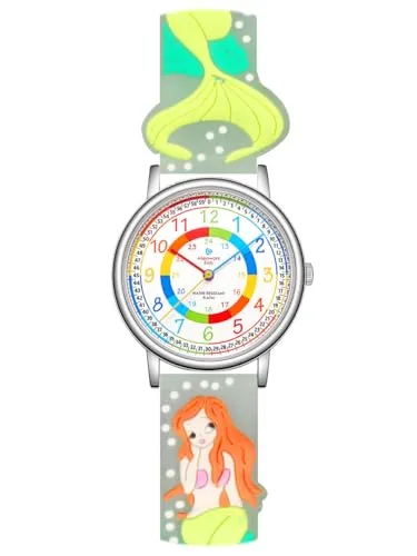 Alienwork Kids Lernuhr Kinderuhr Mädchen Uhrzeit Lernen Silber Kautschuk-Armband Transparent Mehrfarbig Kinder-Uhr Wasserdicht 5 ATM Zeit Lernen