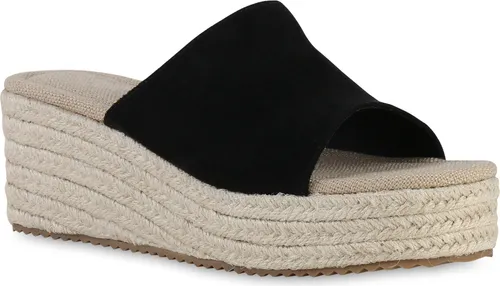 VAN HILL Damen Plateau Sandaletten Bast Profil-Sohle Plateau-Schuhe 841119, Farbe: Schwarz, Größe: 37