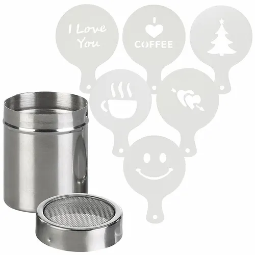 Rosenstein & Söhne Gewürzstreuer: Kakao-Streuer aus Edelstahl mit Deko-Schablonen - Schablonen für kreative Dekoration von Heißgetränken und Süßspeisen, 6 wiederverwendbare Motive, aus robustem Edelstahl, ideal für Kakao, Zucker und Gewürze.