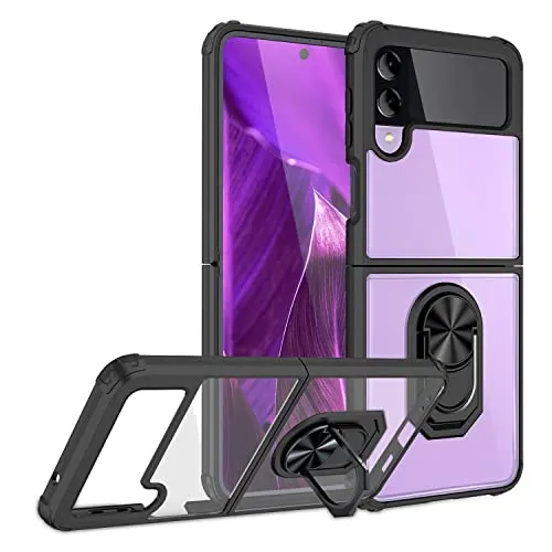 NALIA Klare Ringhülle kompatibel mit Samsung Galaxy Z Flip4 Hülle, Verstärkter Aufprall-Schutz Rahmen, Transparent Anti-Gelb Kratzfest Harte Rückseite & Silikon-Rand, 360-Grad Ring, Farbe:Schwarz