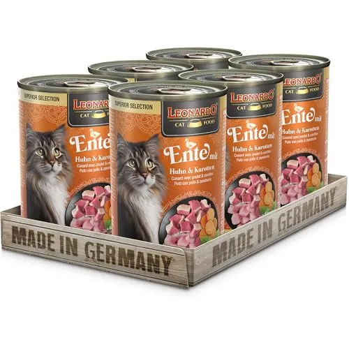 LEONARDO Katzen Nassfutter Superior Selection, Ente mit Huhn & Karotten, 6x400g Dose, für ausgewachsene Katzen, getreidefrei, ohne Zucker, Made in Germany