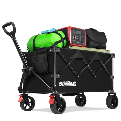 SLIDBEAT Bollerwagen Faltbar mit Bremsen, 120L 265LBS Faltbarer Bollerwagen All Terrain Räder Bollerwagen,Verstellbarem Griff, Getränkehalter Klappbollerwagen Für Camping Shopping Garten Strand