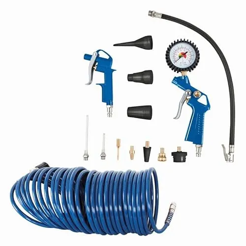 Scheppach Kompressor Zubehörset 14 Teile - Luftkompressoren-Zubehör mit Reifenfüllmessgerät, Blaspistole und 10m Schlauch - perfekte Lösung für Reinigung und Druckluftanwendungen.