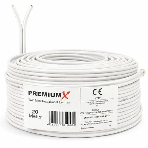 Premium X 20m Sat Koaxialkabel Twin Mini 2 x 4 mm Weiß
