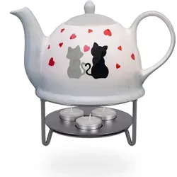 Teekanne mit Stövchen / Teekrug / Teebereiter 1,5l Katzenpärchen mit Herzen - Bunt