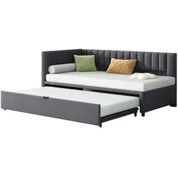 OKWISH L-förmiges Schlafsofa 90/180x200 cm mit Ausziehbett, hochwertigem Samtbezug, platzsparendes Design in Grau