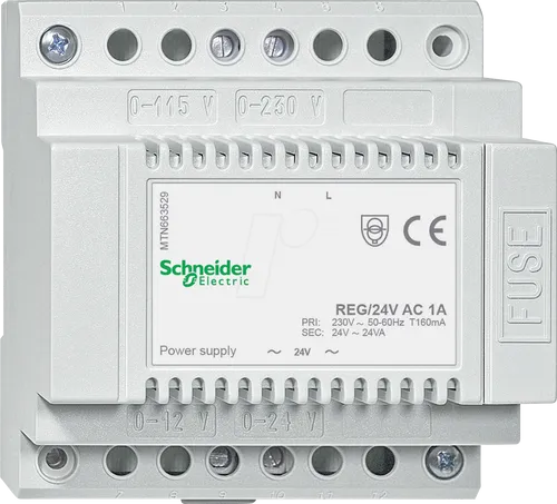 Schneider Electric MTN663529 Spannungsversorgung REG, AC 24 V/1 A - Sonstige Elektroinstallationsartikel, zuverlässige Spannungsversorgung mit Sicherung für KNX-Systeme, ideal für die Montage auf Hutschienen.