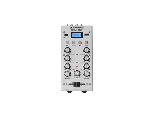 Omnitronic GNOME-202P Silver - 2-Kanal-DJ-Mixer im Miniaturformat mit Bluetooth und MP3-Player für kabellosen Musikgenuss. Extrem leicht und kompakt, ideal für mobile DJs und kleine Events.