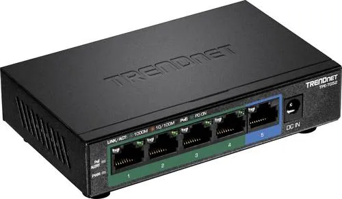Trendnet TPE-TG52 5-Port PoE Switch - 5-Port Gigabit PoE+ Switch mit 32W Gesamtleistung, ideal zur kostensparenden Vernetzung von PoE-Geräten wie IP-Kameras und VoIP-Telefonen.