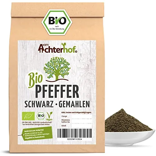 Pfeffer schwarz BIO gemahlen 500g | Gewürzklassiker in höchster Bio-Qualität | Feinster Pfeffer schwarz und frisch vermahlen | anmutig scharfes und dennoch würziges Aroma | vom Achterhof
