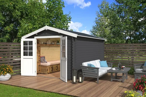 Gartenhaus Blockhaus Norah 380 grau 28 mm - Gartenhaus mit Satteldach, 10.09 m² Nutzfläche, abschließbar und aus hochwertigem Holz. Ideal für Gartenlagerung oder als Rückzugsort.