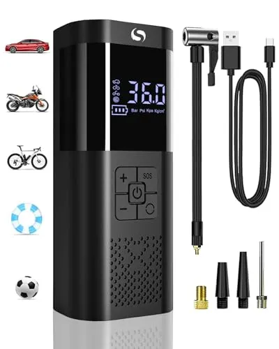 SERVOMASTER Elektrische Luftpumpe,Tragbar Akku Kompressor mit Manometer, Fahrradpumpe Elektrisch 150PSI, Auto Zubehör für Männer, Mini Luftpumpe Fahrrad mit LED für Auto Motorrad Fahrrad Kugel