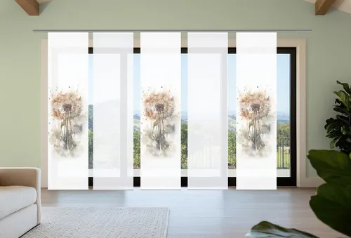 HOME in green Schiebegardine AMARANDE - 5 St, halbtransparent, Bambusoptik - Der elegante Schiebevorhang AMARANDE mit zartem Pusteblumen-Design schafft eine harmonische Atmosphäre. Die innovative Paneelwagen-Technologie ermöglicht einfache Handhabung und Lichtregulierung. Ideal für jeden Raum!