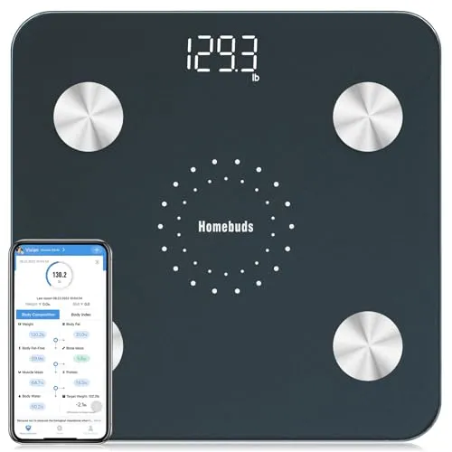 Homebud Personenwaage mit Körperfettanalyse, Hohe Präzision Zugesichert Durch Professionelle Waage Personen Fabrik seit 2001, App-Synchronisierung 13 Körperzusammensetzung, 182kg, LED, Blau