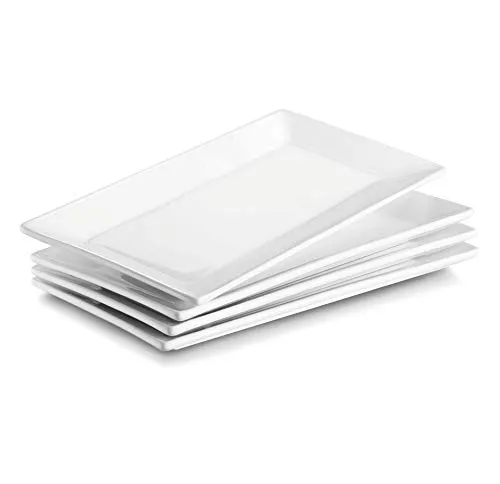 DOWAN Servierplatte Porzellan, 24,6 x 13,7 cm Servierplatten Rechteckig 4 Stück, Große Dessertteller für Buffets, Sushi, Kuchen, Vorspeisen zu Hause/im Restaurant, Soft White