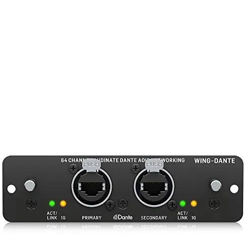 Behringer WING-DANTE Erweiterungskarte 64x64 - Sonstige - Dante-Erweiterungskarte für Behringer WING mit 64 bidirektionalen Kanälen und flexibler Signalübertragung für professionelle Audioanwendungen.