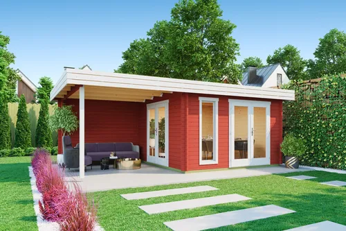 Gartenhaus Blockhaus Pultdach 44 mm Anders rot 652x380 cm - Gartenhaus aus hochwertigem Holz mit 44 mm Wandstärke, abschließbar, ideal für Gartenfreizeit oder als Geräteschuppen, inklusive Boden und Vordach.
