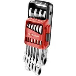 Facom Knarren-Ring-Maulschlüssel 467BF 10tlg. - Flexibel und Kompakt - Werkzeug-Set mit 10 Knarren-Ring-Gabelschlüsseln, ideal für schwer zugängliche Muttern. Um 180° schwenkbarer Ringkopf und kompakter Knarrenmechanismus für effizientes Arbeiten.