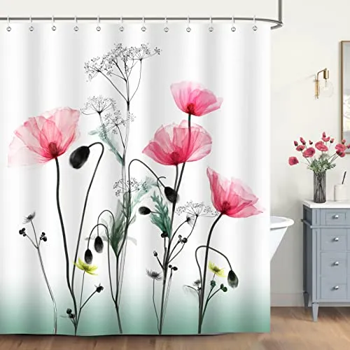 Bonhause Duschvorhang Blumen Rote Mohnblumen Duschvorhänge 180 x 180 cm Anti-Schimmel Wasserdicht Polyester Stoff Waschbar Bad Vorhang für Badzimmer mit 12 Haken