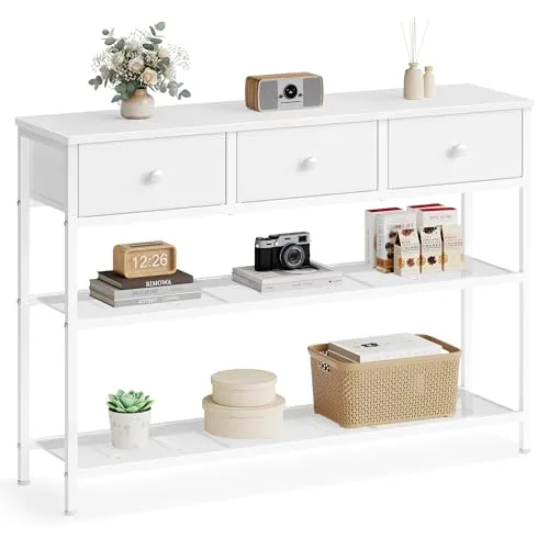 SONGMICS Konsolentisch, Flurtisch mit 3 Stoffschubladen und 2 Gitterablagen, Beistelltisch für Wohnzimmer und Eingangsbereich, 98,8 x 30 x 78,7 cm, Wolkenweiß, Bellah Kollektion LGS098W101