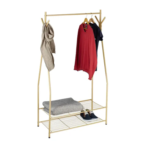 relaxdays Kleiderständer SANDRA mit Schuhablage, Honigbraun - Robuster Kleiderständer mit Schuhablage und 4 Haken, ideal für Flur und Diele. Bietet Platz für Jacken und bis zu 16 Paar Schuhe, elegant und stabil aus pulverbeschichtetem Metall.
