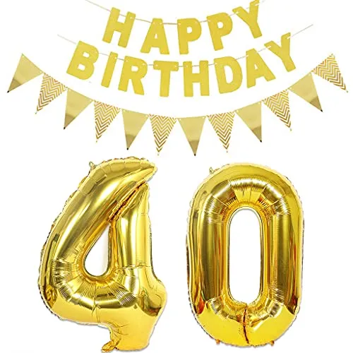Luftballons Zahl 40 gold + Happy Birthday Girlande + banner Folienballon 40.Geburtstags deko frau mann ballons 40 Jahre Geburtstag deko frauen Zahlenballon 40 Geburtstag dekoration Männer frau(40)
