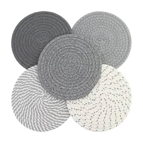 Stück Topfuntersetzer Hitzebeständig, Topf Untersetzer-Set Rund Baumwolle Faden Weben Matte, Saugfähig Pfannenuntersetzer für Küche Schüssel Topf Pfannen Kanne Und Teller, Grau 5