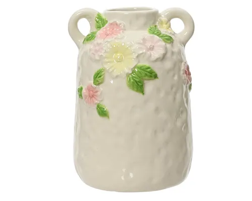 Decoris season decorations Dekovase, Vase / Blumenvase mit Blumenmotiv Keramik 12x18cm Creme Rosa