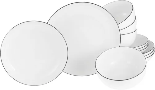 CreaTable 22559 Allround Black Line Tellerset 12-tlg - Kombiservice mit 12 Designerstücken: 4 Speiseteller, 4 Dessertteller und 4 Buddha Bowls aus langlebigem Porzellan – spülmaschinen- und mikrowellengeeignet für den täglichen Gebrauch.