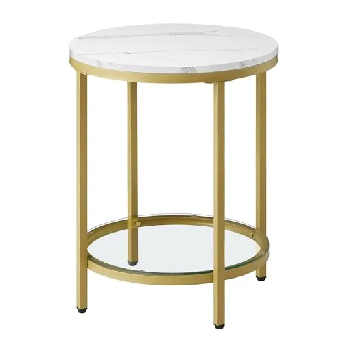 VASAGLE Beistelltisch rund – Glastisch mit Hartglas und Metallgestell, Marmorweiß und Blassgold