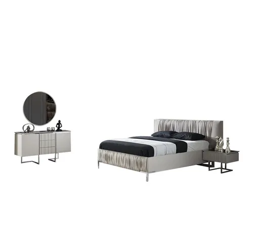 JVmoebel Komplettschlafzimmer Modernes Doppelbett in Weiß mit elegantem Bettrahmen, (5-tlg., 1x Bett + 2x Nachttische + 1x Kommode + 1x Spiegel), Made in Europa