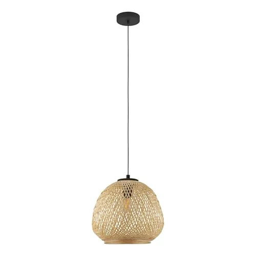 EGLO DEMBLEBY Hängeleuchte, natur-schwarz - Moderne Pendelleuchte für Wohnzimmer und Esstisch, aus geflochtenem Rattan und Holz, ideal für eine gemütliche Hygge-Atmosphäre.