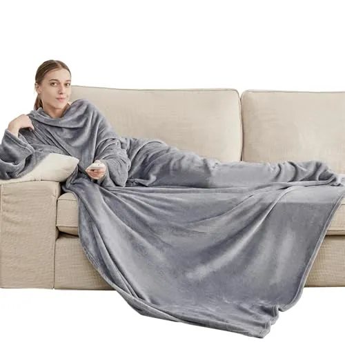 BEDSURE Decke mit Ärmeln Kuscheldecke - Weihnachten Geschenke für Frauen und Männer, Warm Ärmeldecke & Sofadecke für Erwachsene, Flauschige Ganzkörperdecke zum anziehen, Tragbare Decke, 150x200cm,Grau