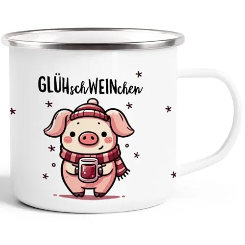 MoonWorks® Emaille-Tasse Glühwein Motiv Glüh-Schweinchen Wortspiel Emaillebecher lustig kleines Geschenk Weihnachten Emaille-weiss-silber standard