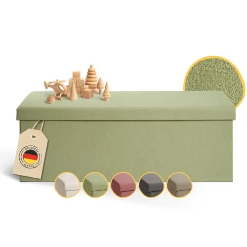 Laleni Sitzbank mit Stauraum – Bequeme Truhenbank in Grün - Sitzbänke & -truhen mit 131 Litern Stauraum, atmungsaktivem Boucle-Stoff und bis zu 300 kg Tragkraft – ideal für Ordnung und Komfort im Kinderzimmer!