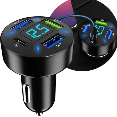 Casativo Beleuchtetes 4 Port Auto USB-Ladegerät, (50 Watt), matt-schwarz, Spannungsanzeige, 1x USB-C & 3X USB-A, Kfz Zigarettenanzünder Schnellladestecker