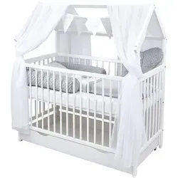 Baby-Delux Hausbett Kinderbett 60x120 mit Matratze und Beißschienen - Gitterbett aus Kiefer Massivholz, 3-fach höhenverstellbar, mit praktischer Schublade und Beißschutz – ideal für sichere und süße Träume.