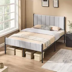 VASAGLE Doppelbettgestell, 140 x 200 cm, Bettgestell, mit gepolstertem Kopfteil, Bettrahmen, Stahl, trägt bis zu 500 kg, einfache Montage - Grau