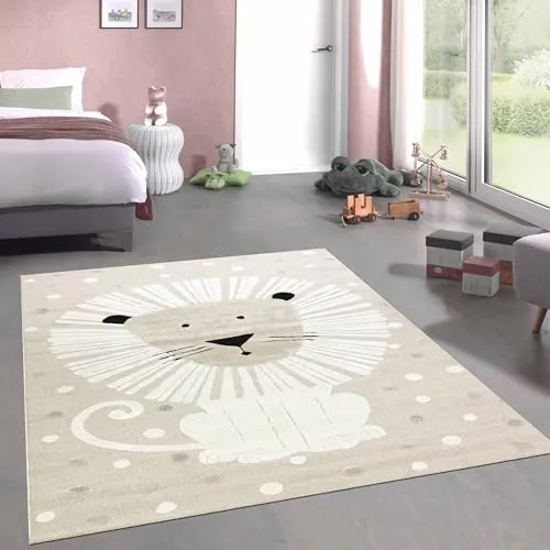 CARPETIA Spielzimmer Teppich Kinderzimmerteppich hell niedlicher Löwe beige Creme, 140 x 200 cm