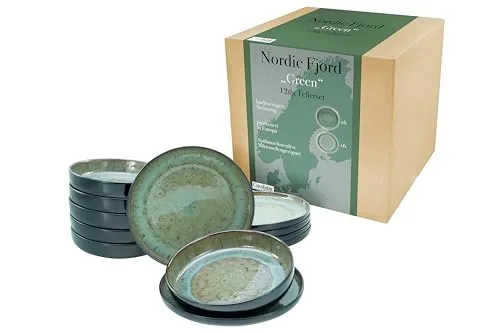 CreaTable Tellerset 12-tlg in Nordic Fjord Green - Kombiservices mit 12 edlen Steinzeug-Designstücken, inspiriert von skandinavischer Ästhetik und einzigartiger reaktiver Glasur – jedes Stück ein Unikat, spülmaschinen- und mikrowellengeeignet.