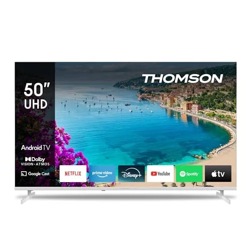 Thomson 50 Zoll UHD Smart Android TV – 50UA5S13W-2023 - Fernseher mit 4K UHD Auflösung und Android TV für Zugriff auf über 400.000 Filme. Genießen Sie Dolby Atmos für raumfüllenden Klang und integrierten Chromecast für einfaches Streaming.