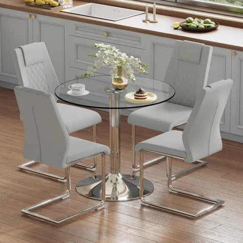 STILVORA Essgruppe mit 85 cm Sicherheitsglasplatte – modernes Esstisch-Set mit 4 Stühlen - Eleganter runder Glastisch mit 85 cm Durchmesser und stabiler Metallbasis in Silber. Ideal für kleine Essbereiche, einfach zu reinigen und vielseitig einsetzbar. Perfekt für Küche und Esszimmer in modernem Design.