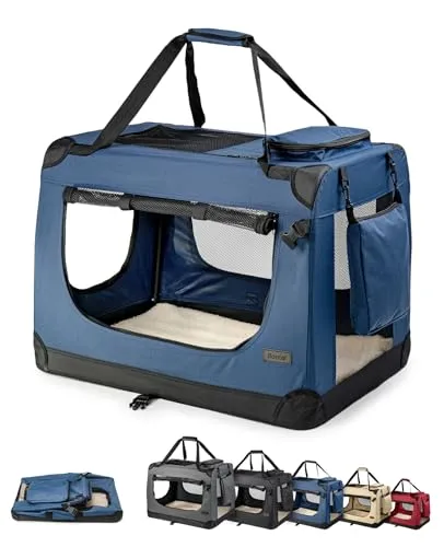 lionto Faltbare Hundetransportbox für Reise & Auto, 82x58x58 cm - Hundeboxen: Robuste Transportbox aus Oxford-Gewebe mit optimaler Luftzirkulation und kuscheligem Liegekissen für maximalen Komfort auf Reisen.