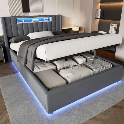 okwish Polsterbett 140×200 mit Ladefunktion und LED