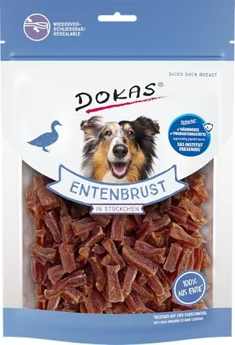 DOKAS Glutenfreier Premium Snack für Hunde - Ideal zum Training - Hundefutter: 100% fettarmes Entenbrustfilet, getreide-, soja- und glutenfrei - perfekt für Training und Motivation! Luftgetrocknete Stückchen für gesunde Belohnungen.