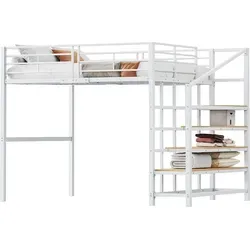 Hochbett 140 x 200 Stabile Metallkonstruktion mit geräumigem Stauraum unter dem Bett und Treppe,Stauraumbett für maximale Platzeffizienz