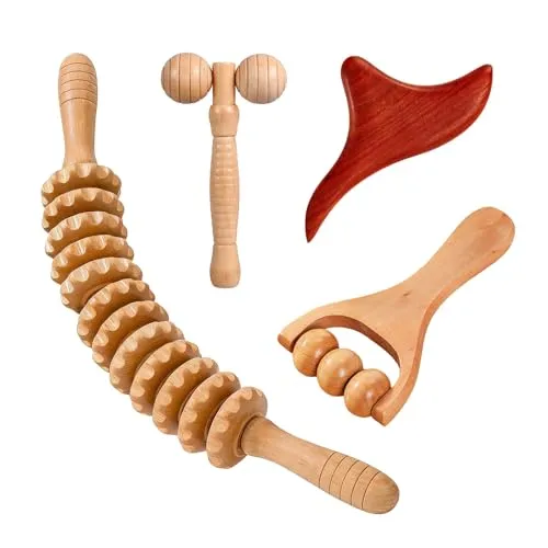 Stück Faszienrolle Holz Set, Faszienstab + Massagestäbchen Triggerpunkt Holz Therapie Massageroller Faszienrolle Beine Massage Roller Tool Trigger mit Griff 4
