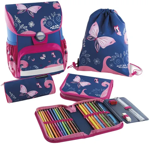 EBERHARD FABER Schulranzen-Set EFAlino Schmetterling 4-teilig - Schulranzen-Set mit bezauberndem Schmetterlingsdesign, leicht und praktisch für den täglichen Schulgebrauch.