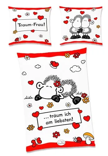 JACK Renforcé Linon Bettwäsche Sheepworld 2 TLG. - Traum Frau 135x200cm - Bettwäsche-Set mit witzigem Schäfchen-Motiv 'Traum-Frau!', 100% Baumwolle, atmungsaktiv, pflegeleicht und bei 60°C waschbar - ein liebevolles Geschenk für jeden sheepworld Fan.