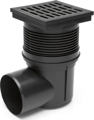 Hofablauf Kellerablauf 150 x 150 mm DN110 324 V - Baudrainagen mit waagrechtem Abgang DN-110 und Schmutzfangkorb, ideal für effiziente Wasserableitung und hohe Belastbarkeit bis 300 kg.